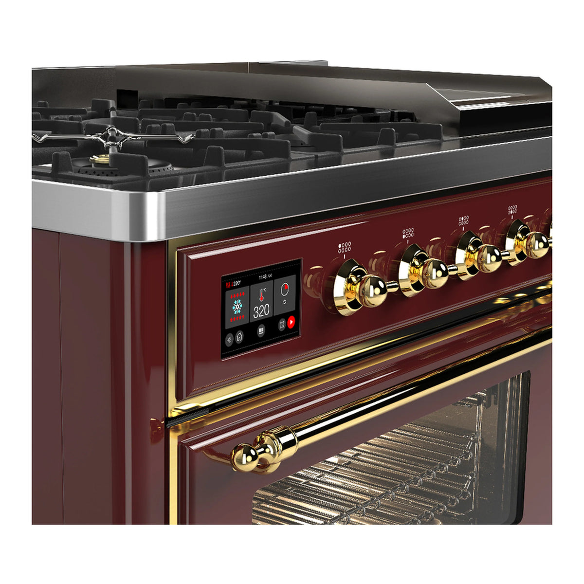 Dual fuel range control panel with brass knobs and digital display, burgundy front