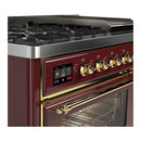 ILVE Majestic III 48-inch Dual Fuel Range with 5 Liquid Propane Burner, Griddle and Triple Glass Door Electric Oven in Burgundy with Brass Trim (UM48FNR3BUGLP)