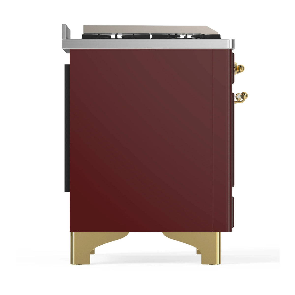 Burgundy dual fuel range with brass-trim legs and side access panel