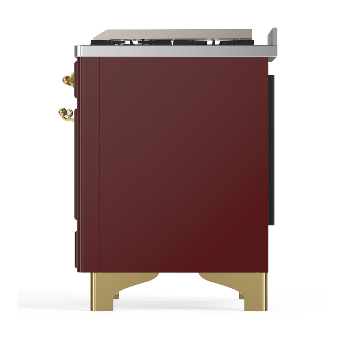 Burgundy dual fuel range side panel with brass-trim legs and rear connection area