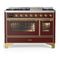 ILVE Majestic III 48-inch Dual Fuel Range with 5 Liquid Propane Burner, Griddle and Triple Glass Door Electric Oven in Burgundy with Brass Trim (UM48FNR3BUGLP)