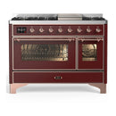 ILVE Majestic III 48-inch Dual Fuel Range with 5 Natural Gas Burner, Griddle and Triple Glass Door Electric Oven in Burgundy with Copper Trim (UM48FNR3BUP)