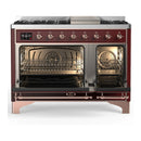 ILVE Majestic III 48-inch Dual Fuel Range with 5 Natural Gas Burner, Griddle and Triple Glass Door Electric Oven in Burgundy with Copper Trim (UM48FNR3BUP)