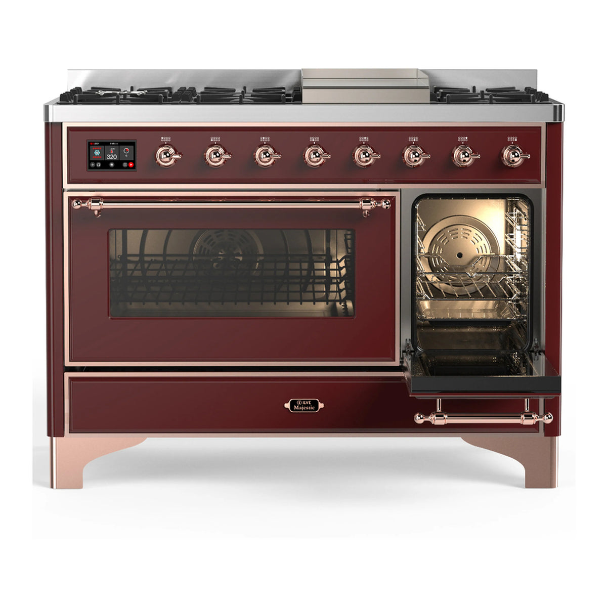 Burgundy dual fuel range with copper trim, burners, and open triple-glass oven doors
