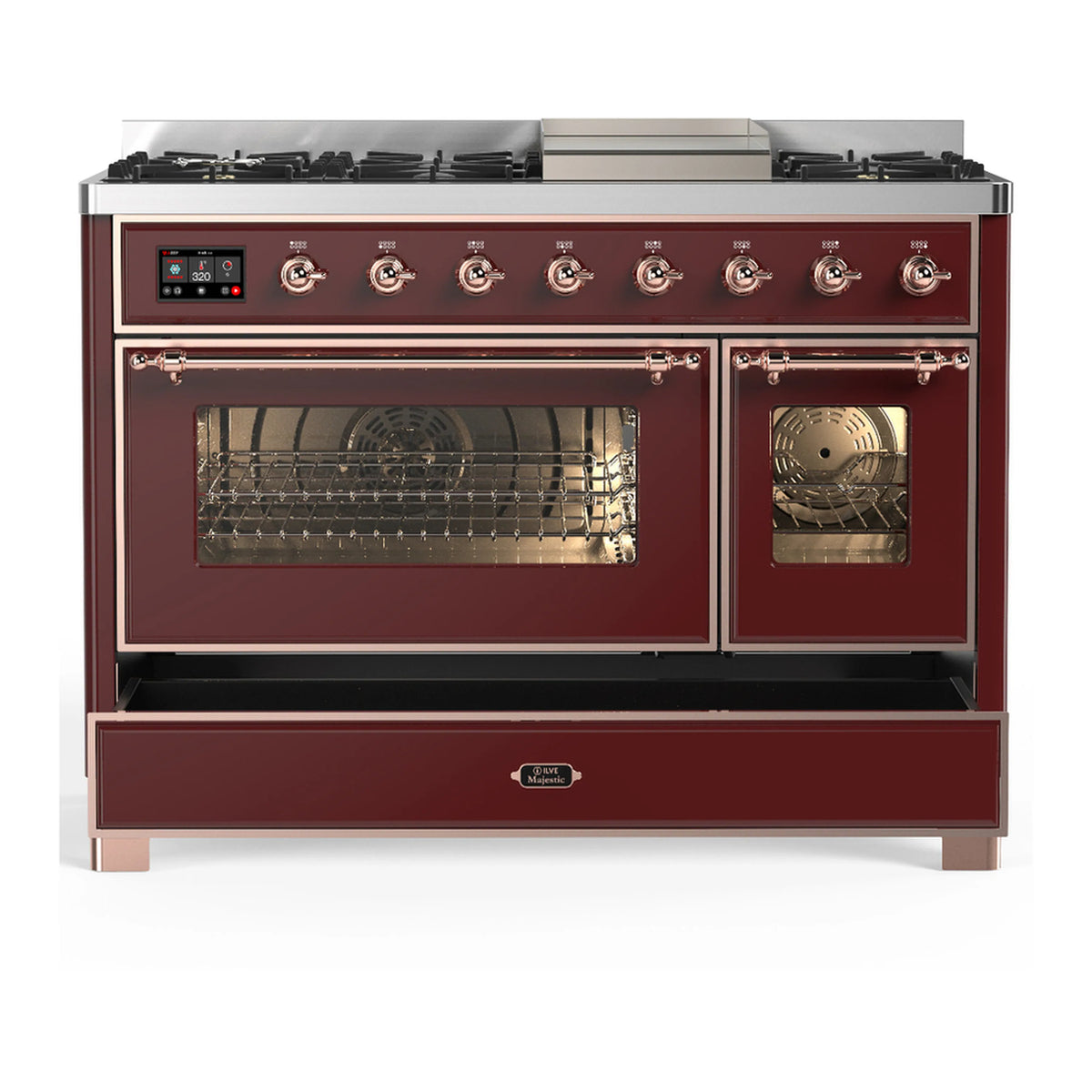 Burgundy dual fuel range with copper trim; left oven window open, right door open
