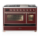 ILVE Majestic III 48-inch Dual Fuel Range with 5 Natural Gas Burner, Griddle and Triple Glass Door Electric Oven in Burgundy with Copper Trim (UM48FNR3BUP)