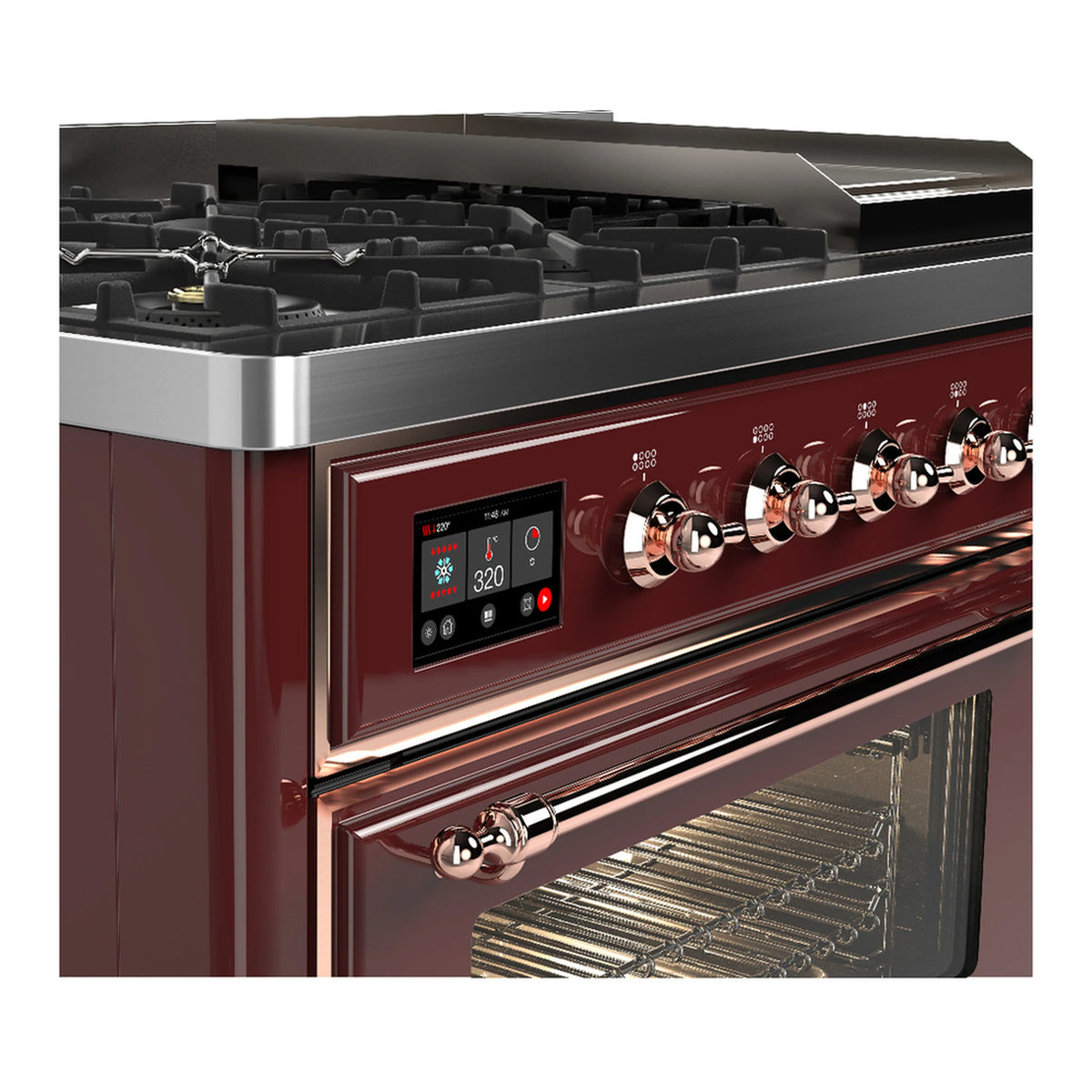 Dual fuel range control panel with round copper knobs and open oven door