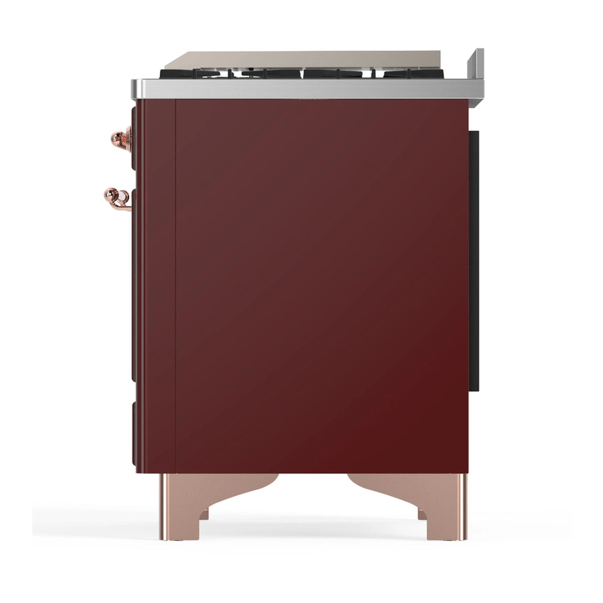 Burgundy dual fuel range rear/side panel view with copper trim and handles