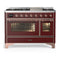 ILVE Majestic III 48-inch Dual Fuel Range with 5 Liquid Propane Burner, Griddle and Triple Glass Door Electric Oven in Burgundy with Copper Trim (UM48FNR3BUPLP)