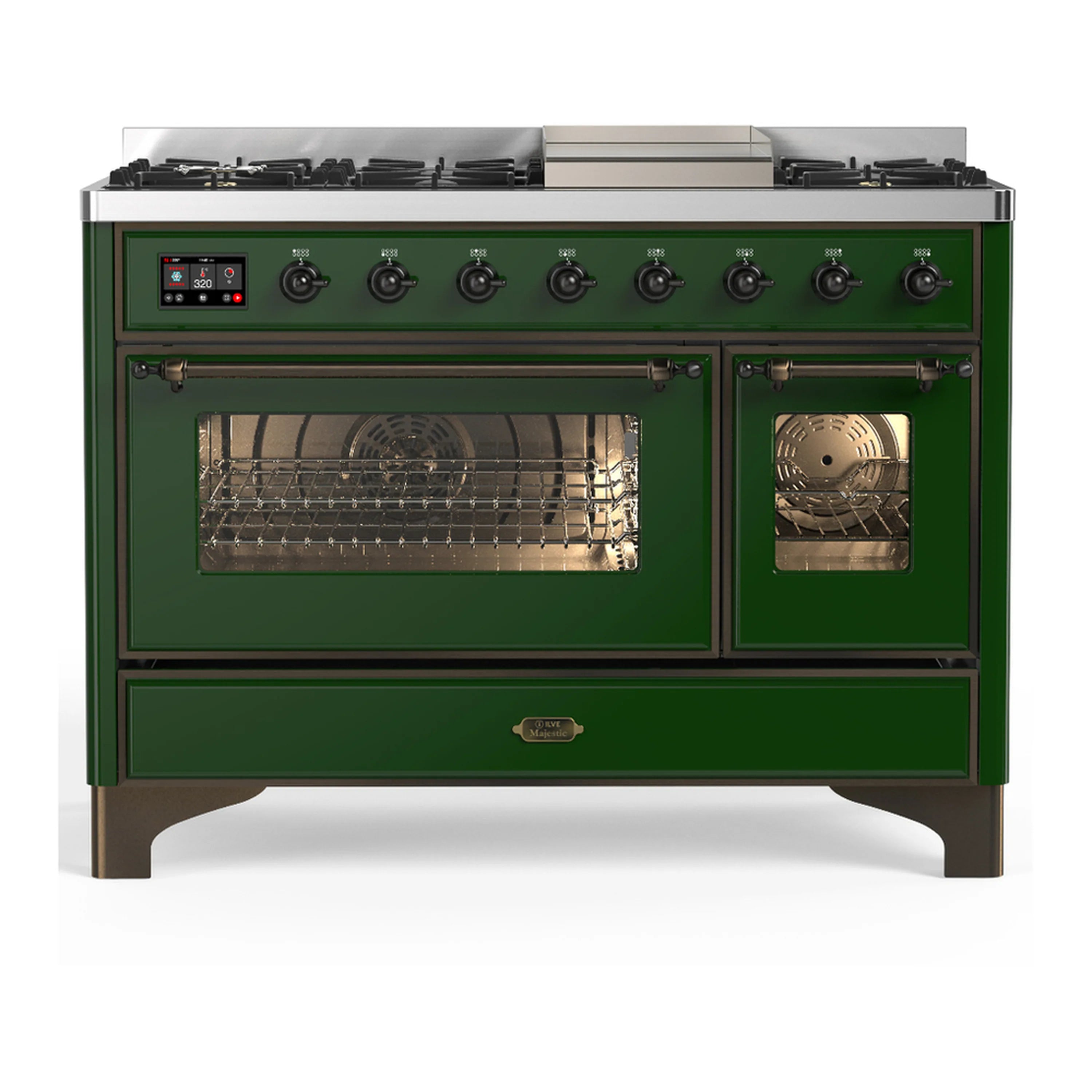 Emerald green dual fuel range with open oven door and two oven windows