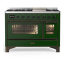 ILVE Majestic III 48-inch Dual Fuel Range with 5 Liquid Propane Burner, Griddle and Triple Glass Door Electric Oven in Emerald Green with Burnished Trim (UM48FNR3EGBLP)