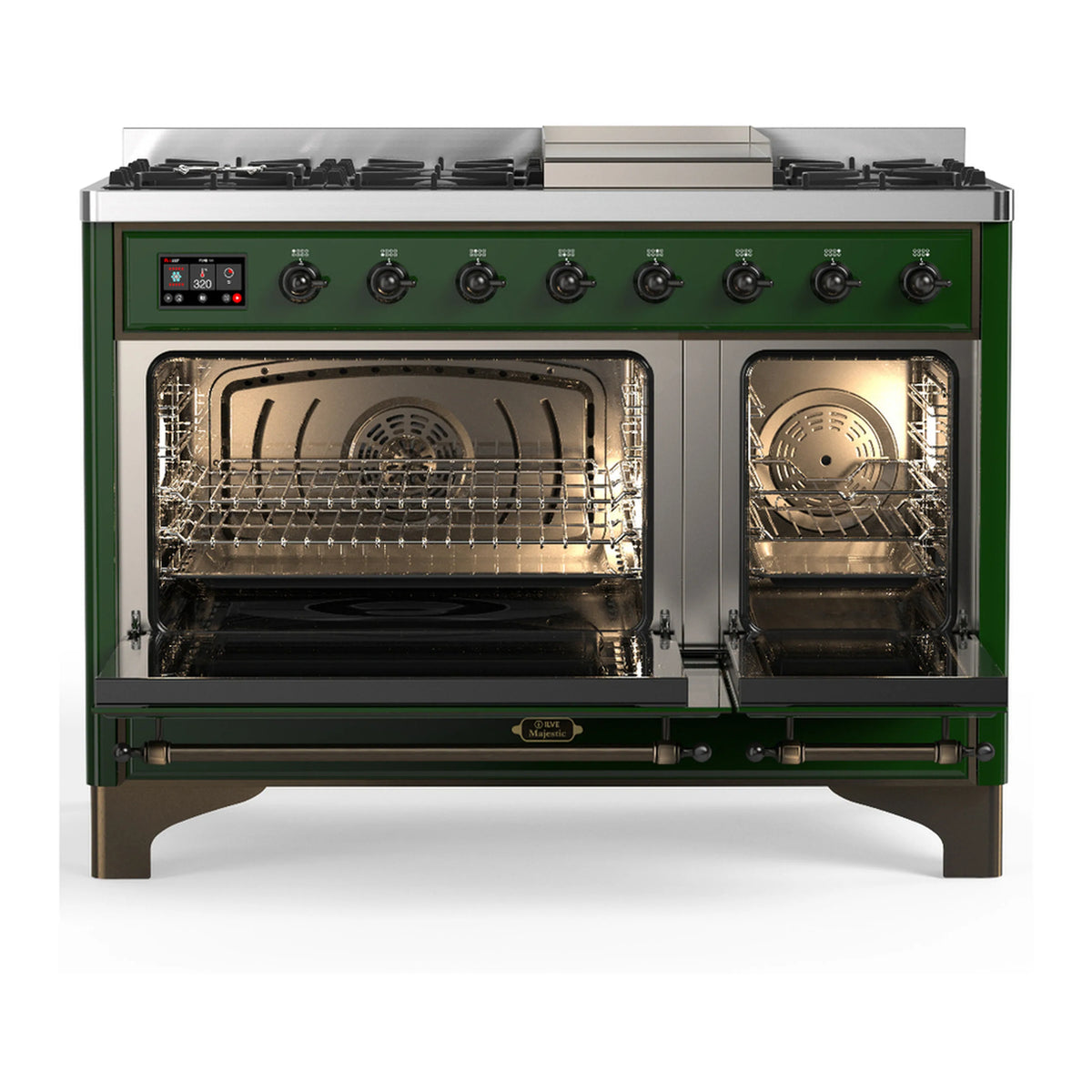 Emerald green dual fuel range with oven door open showing racks and back fan