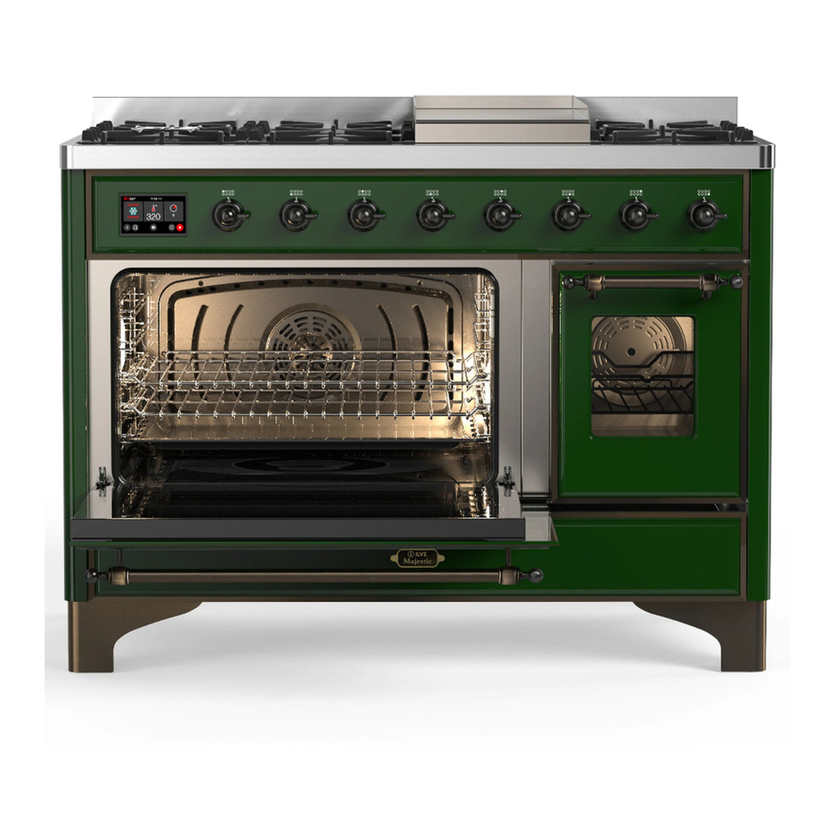Emerald green dual fuel range with side door open and glowing oven interior