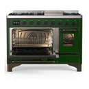 ILVE Majestic III 48-inch Dual Fuel Range with 5 Liquid Propane Burner, Griddle and Triple Glass Door Electric Oven in Emerald Green with Burnished Trim (UM48FNR3EGBLP)