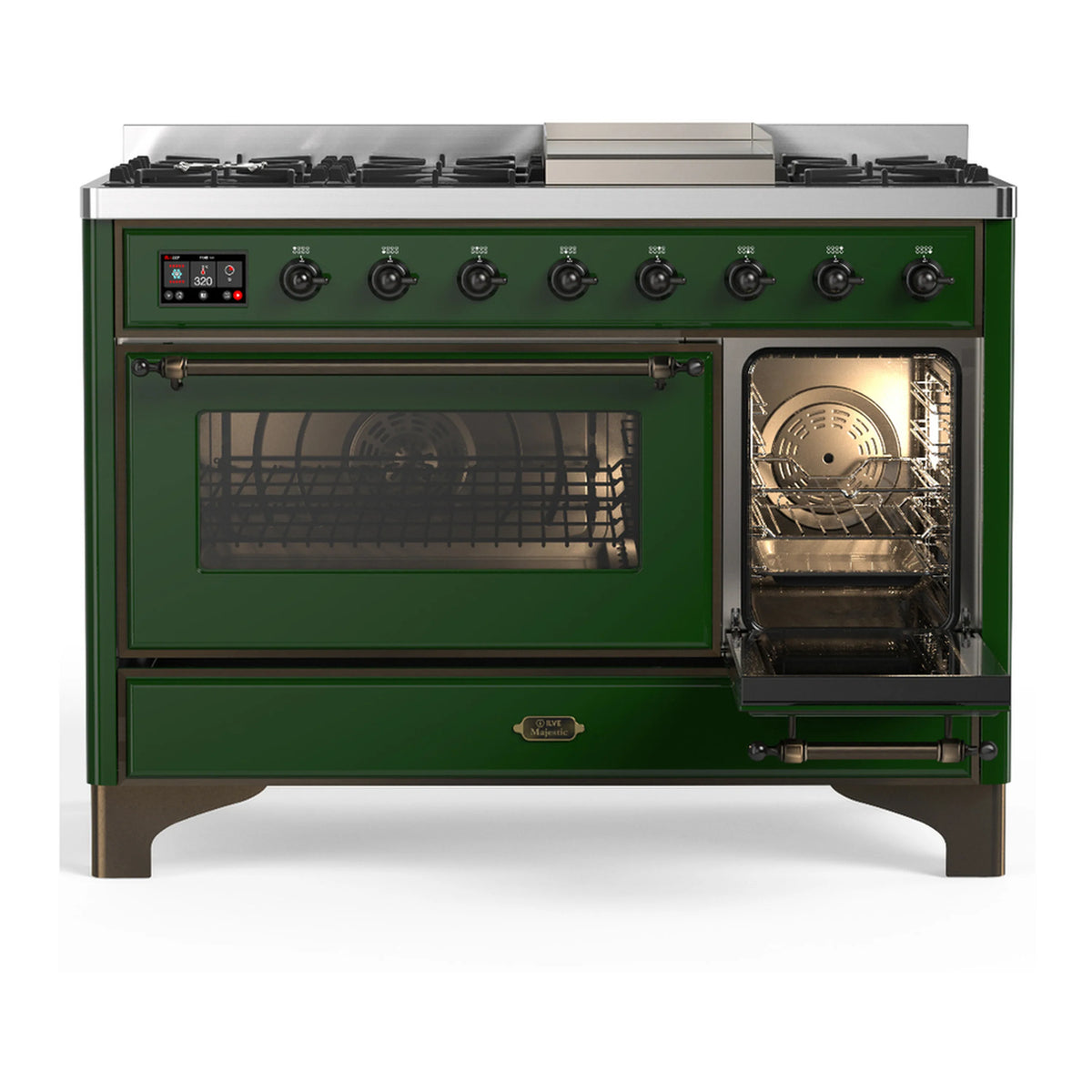 Emerald green dual fuel range with one oven door open and griddle compartment