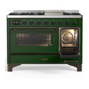 ILVE Majestic III 48-inch Dual Fuel Range with 5 Liquid Propane Burner, Griddle and Triple Glass Door Electric Oven in Emerald Green with Burnished Trim (UM48FNR3EGBLP)