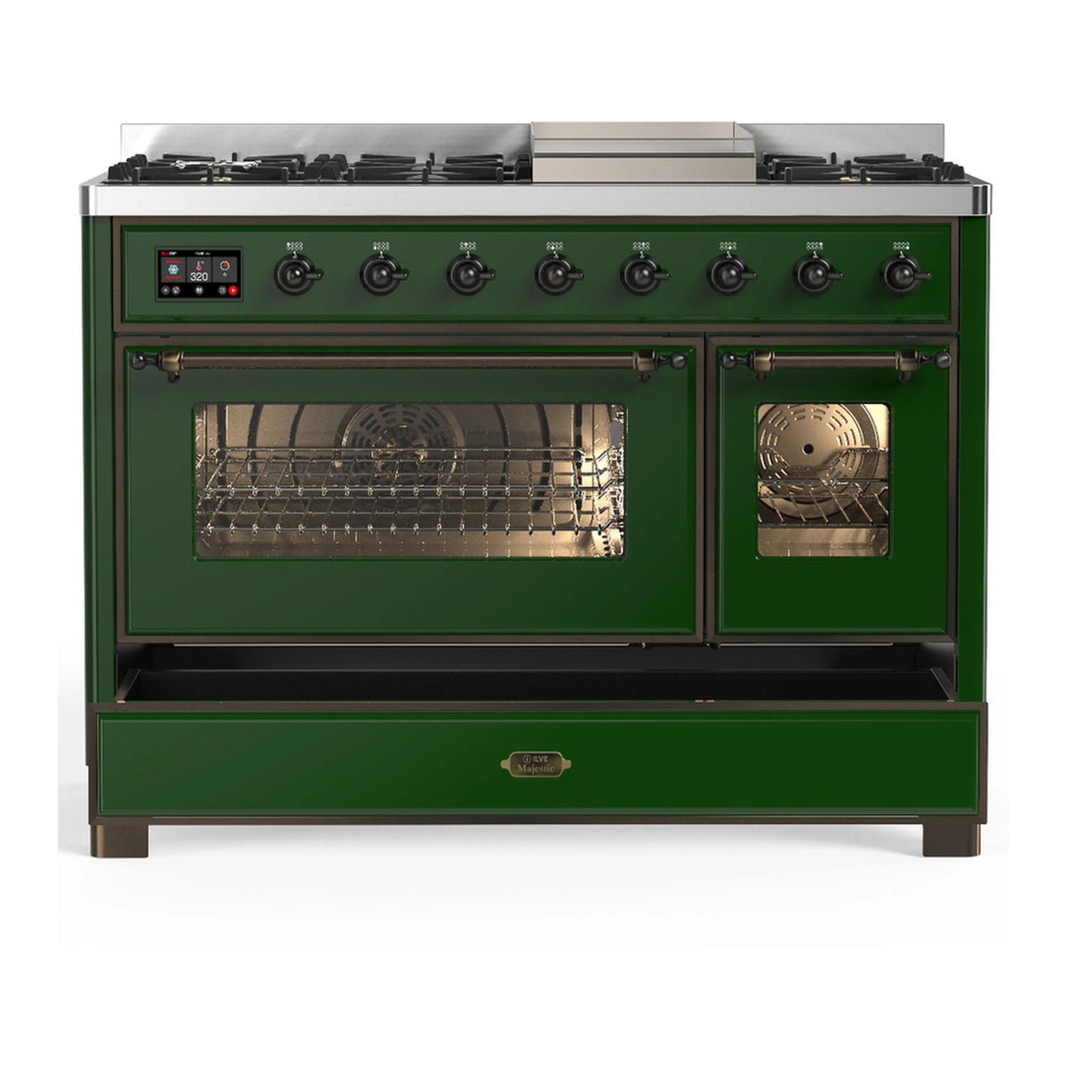 Emerald green dual fuel range with oven door open and right-side oven window