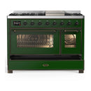 ILVE Majestic III 48-inch Dual Fuel Range with 5 Liquid Propane Burner, Griddle and Triple Glass Door Electric Oven in Emerald Green with Burnished Trim (UM48FNR3EGBLP)