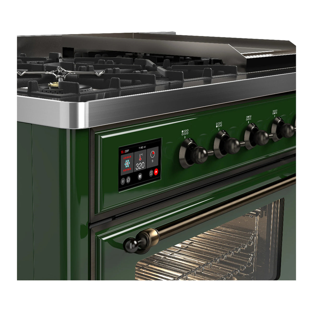 Emerald green dual fuel range control panel with knobs and lit oven door
