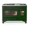 ILVE Majestic III 48-inch Dual Fuel Range with 5 Natural Gas Burner, Griddle and Triple Glass Door Electric Oven in Emerald Green with Burnished Trim (UM48FNR3EGB)