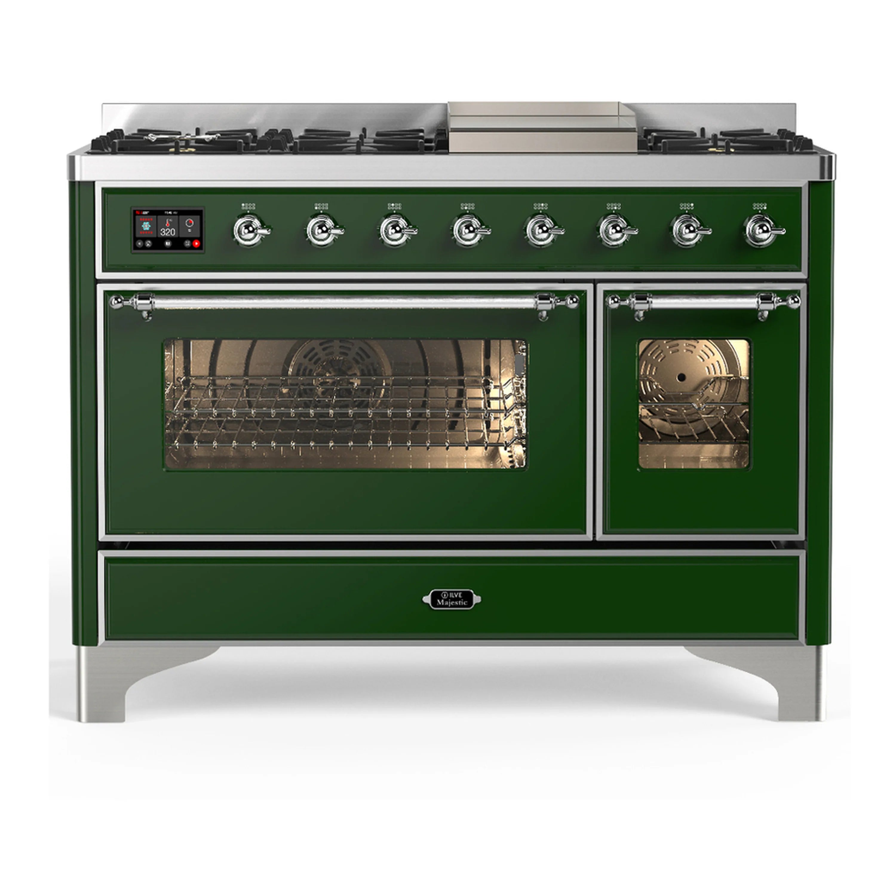 Emerald green dual fuel range with chrome trim, burners, and triple-glass electric oven door