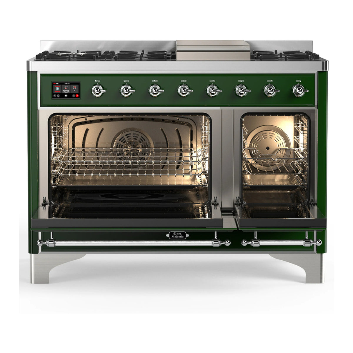 Emerald green dual fuel range with open oven doors showing racks and interior fan