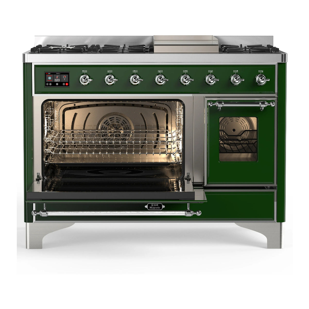 Emerald green dual fuel range with open oven cavity and right glass door, chrome handles