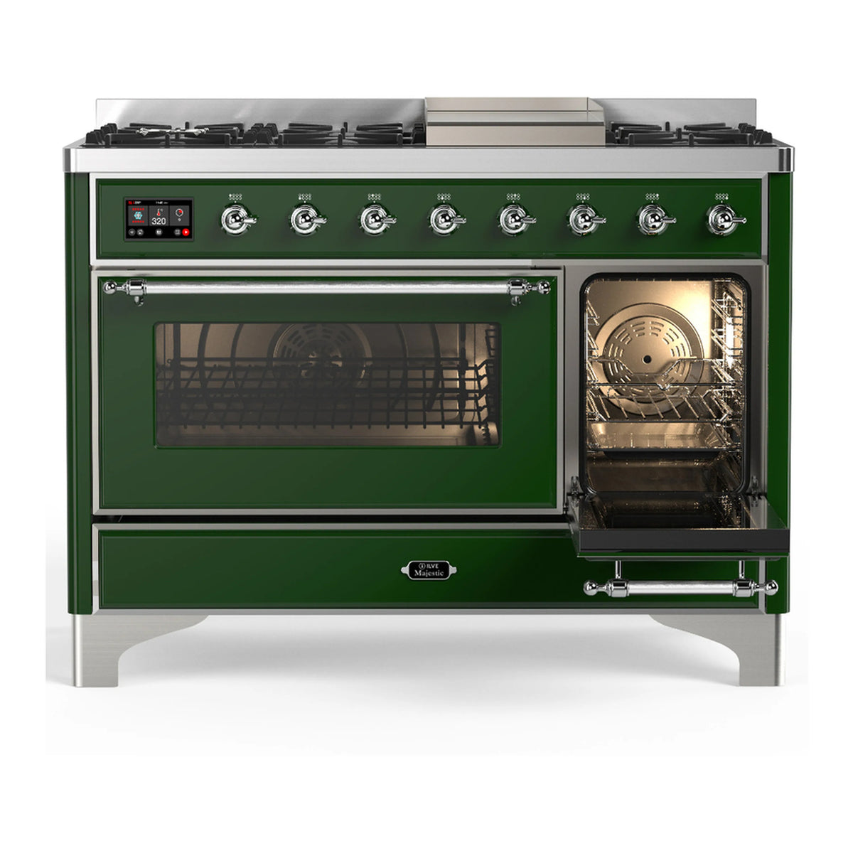 Emerald green dual fuel range with oven window and right glass door, chrome trim
