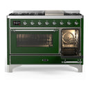 ILVE Majestic III 48-inch Dual Fuel Range with 5 Liquid Propane Burner, Griddle and Triple Glass Door Electric Oven in Emerald Green with Chrome Trim (UM48FNR3EGCLP)
