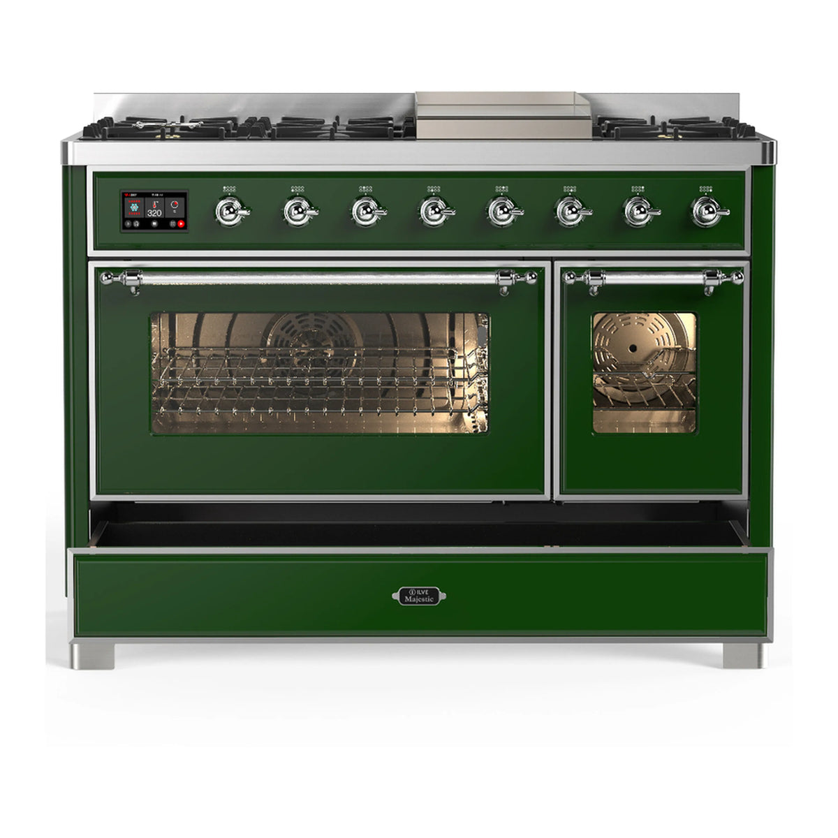 Emerald green dual fuel range with open oven compartments and glass doors