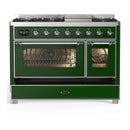 ILVE Majestic III 48-inch Dual Fuel Range with 5 Liquid Propane Burner, Griddle and Triple Glass Door Electric Oven in Emerald Green with Chrome Trim (UM48FNR3EGCLP)