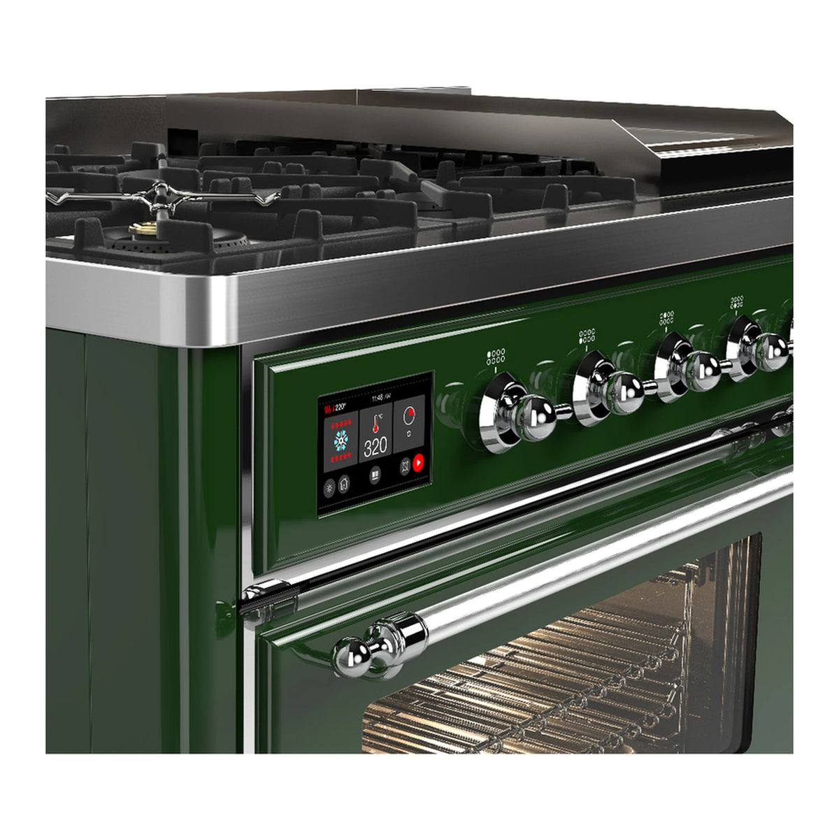 Emerald green dual fuel range control panel with knobs and oven rack inside