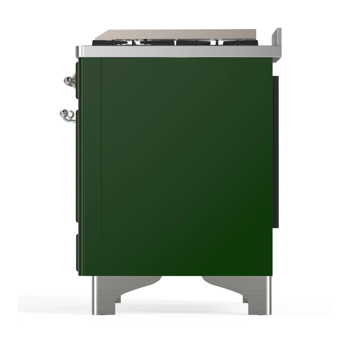Emerald green back/side panel of dual fuel range with chrome trim and legs