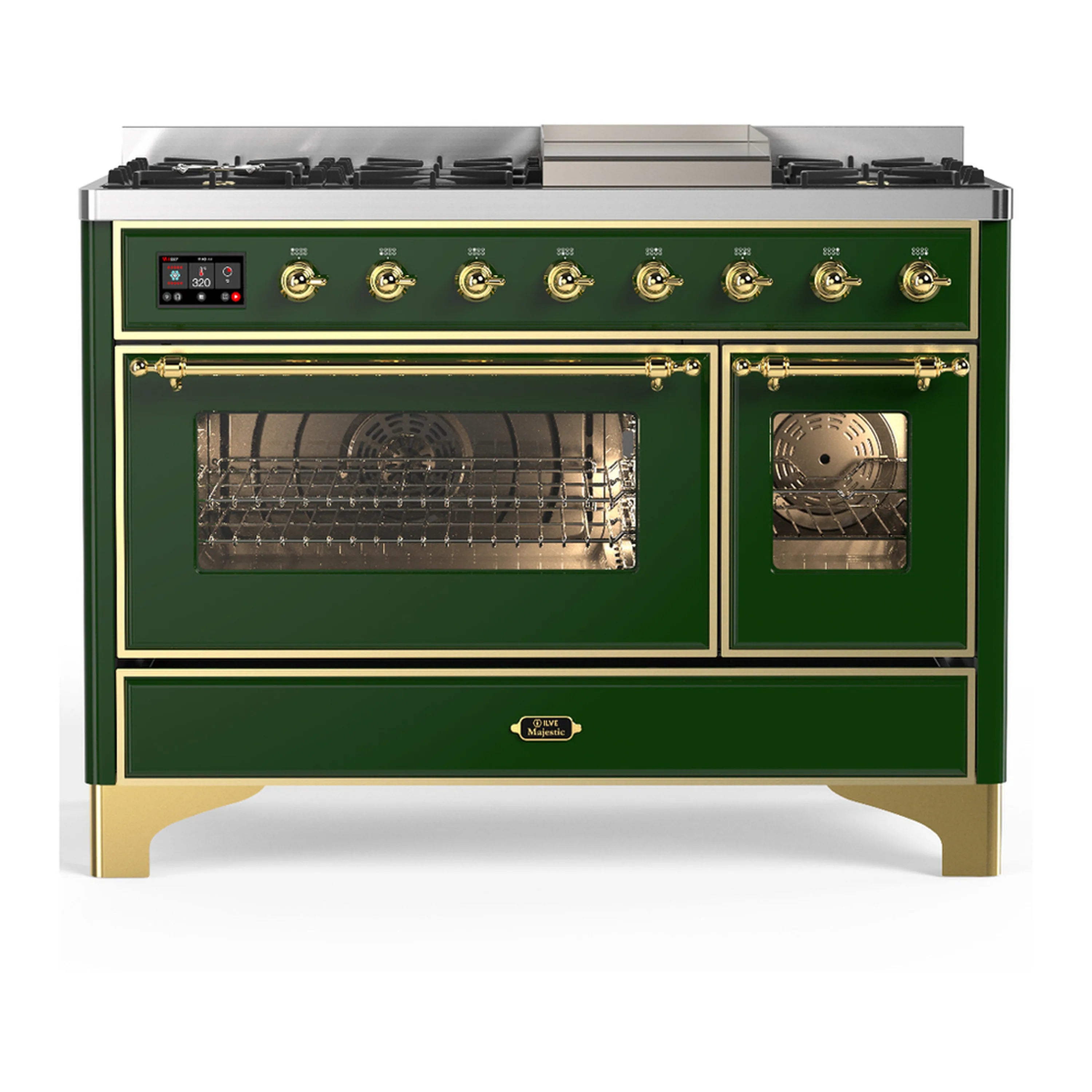 Emerald green dual fuel range with brass trim, double doors and two oven glass windows.