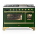 ILVE Majestic III 48-inch Dual Fuel Range with 5 Natural Gas Burner, Griddle and Triple Glass Door Electric Oven in Emerald Green with Brass Trim (UM48FNR3EGG)