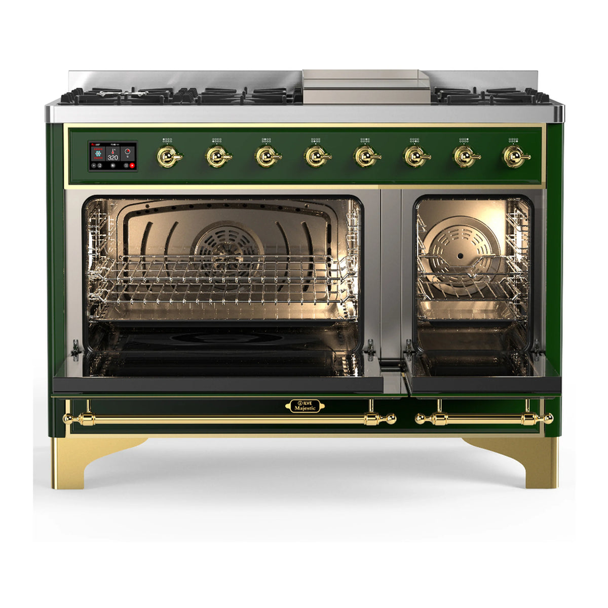 Emerald green dual fuel range with brass trim and open dual ovens showing racks and fans.
