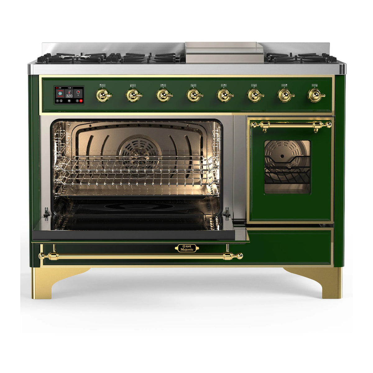 Emerald green dual fuel range with brass trim, one oven open and one oven with glass door.