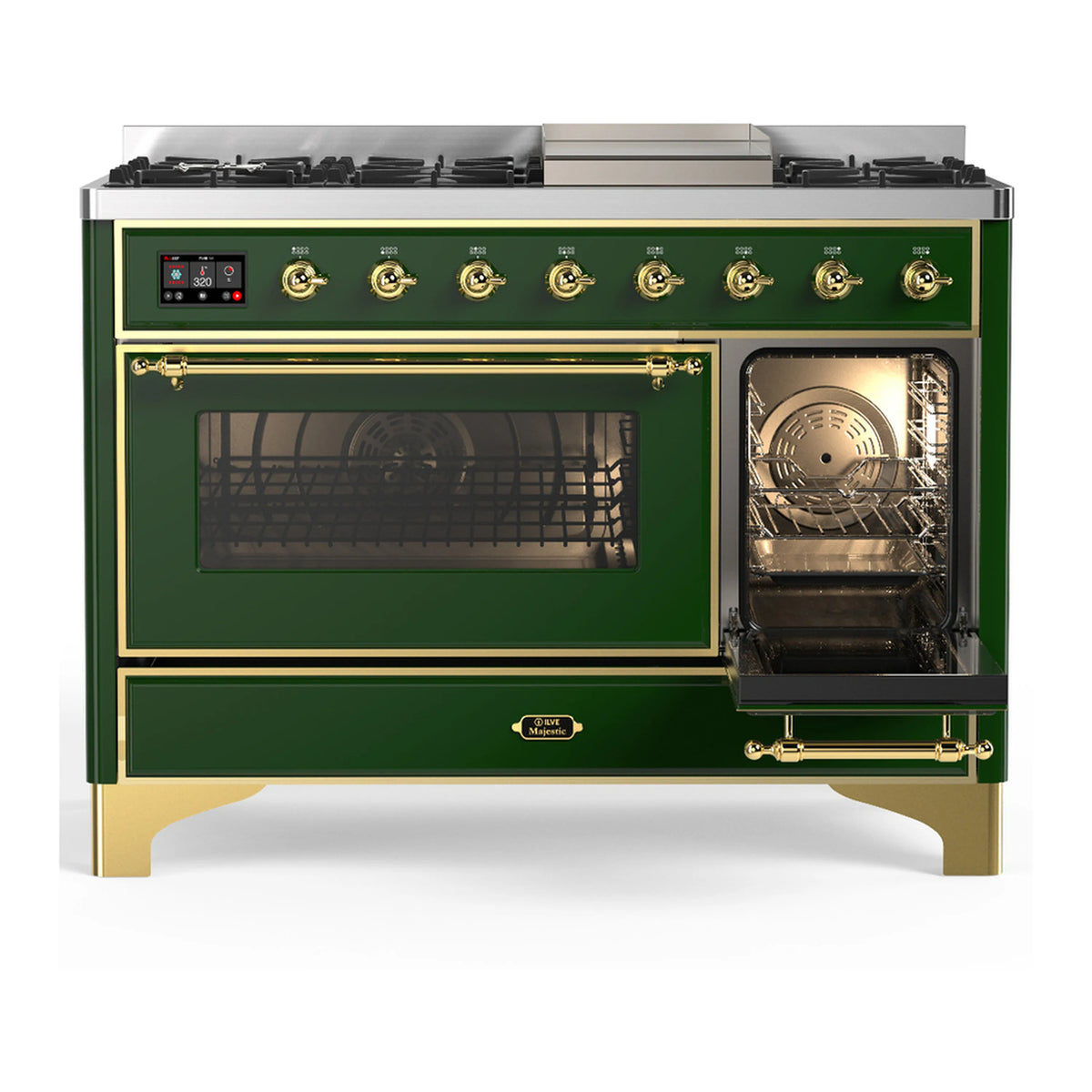 Emerald green dual fuel range with brass trim, oven door with glass and another open oven bay.