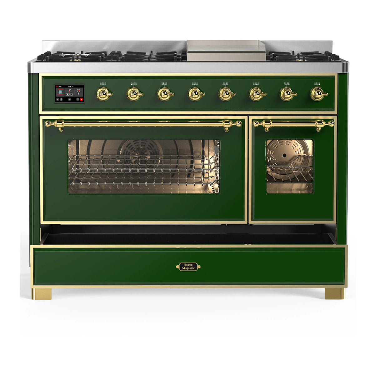 Emerald green dual fuel range with brass trim, dual oven doors and control panel on front.