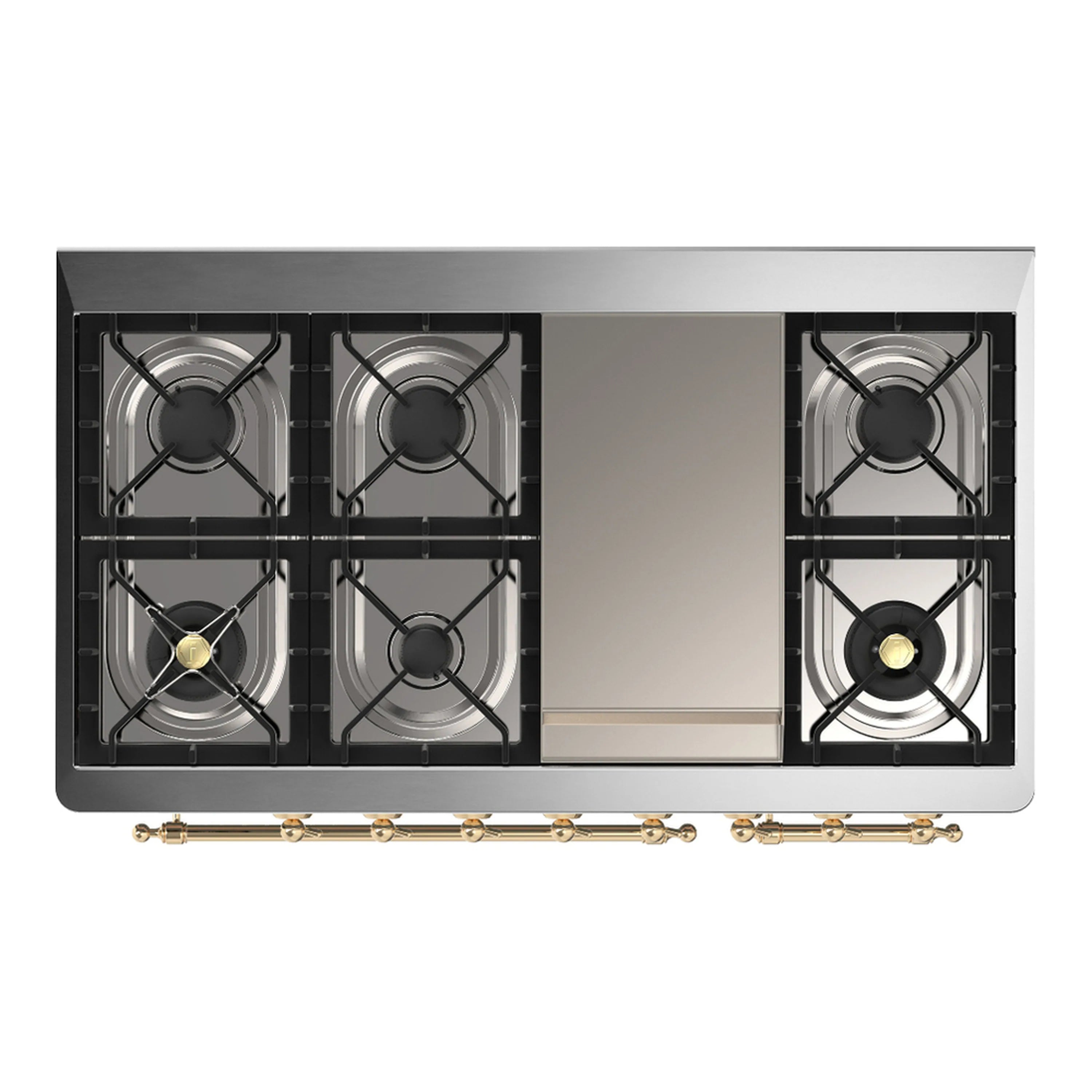 Emerald green dual fuel range cooktop with four gas burner grates and brass control accents.