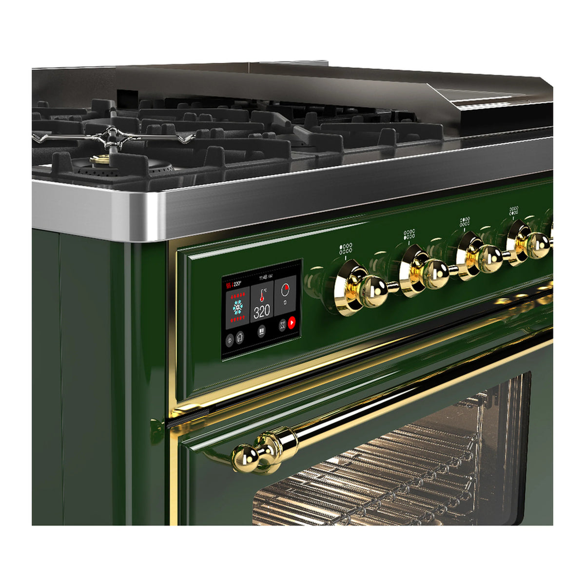Emerald green range front close-up with brass knobs, control display, and oven handle.