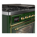 ILVE Majestic III 48-inch Dual Fuel Range with 5 Natural Gas Burner, Griddle and Triple Glass Door Electric Oven in Emerald Green with Brass Trim (UM48FNR3EGG)