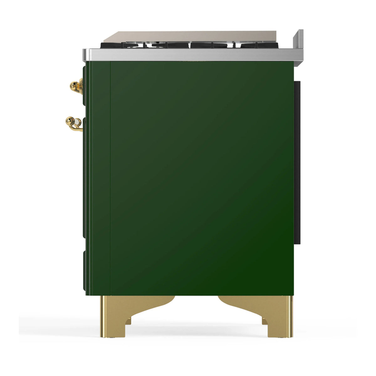 Emerald green dual fuel range side panel with brass legs and stainless top edge.