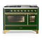 ILVE Majestic III 48-inch Dual Fuel Range with 5 Liquid Propane Burner, Griddle and Triple Glass Door Electric Oven in Emerald Green with Brass Trim (UM48FNR3EGGLP)