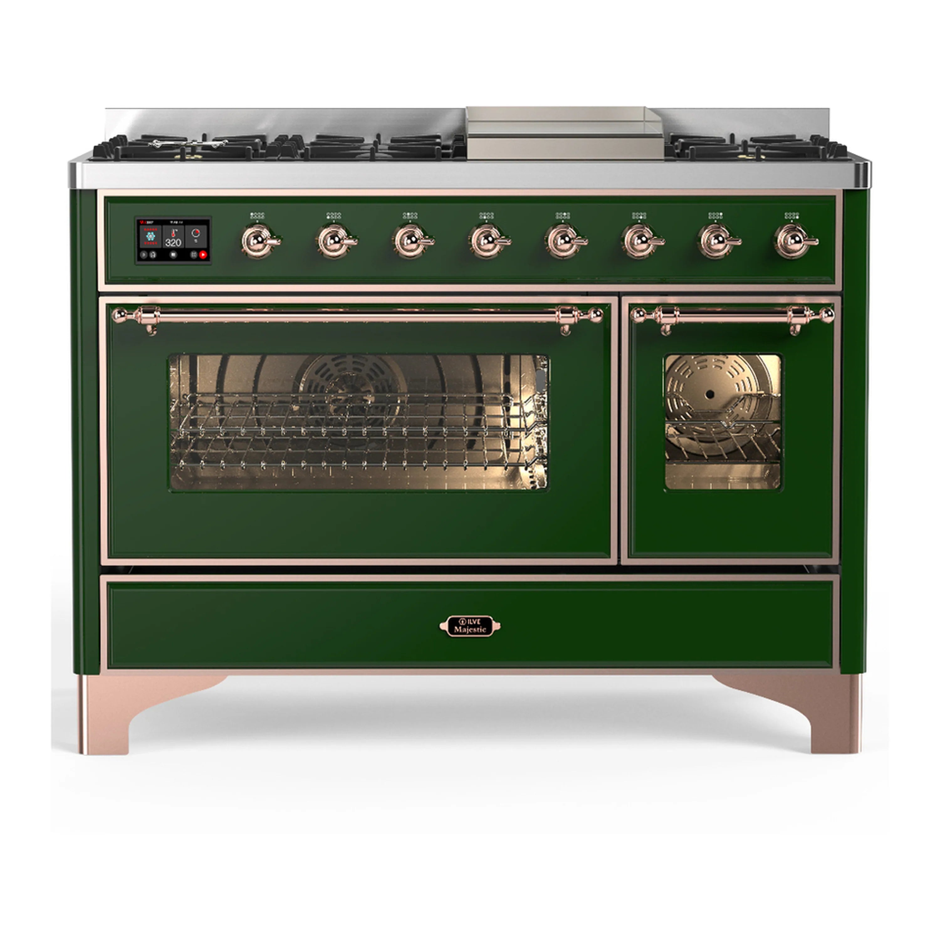 Emerald green dual fuel range with copper trim, glass oven door, and burner control knobs