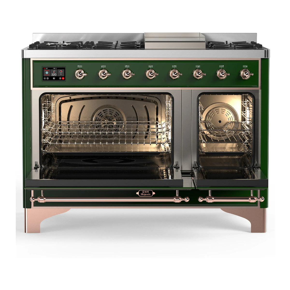 Emerald green dual fuel range with copper trim, open ovens with racks and burner controls