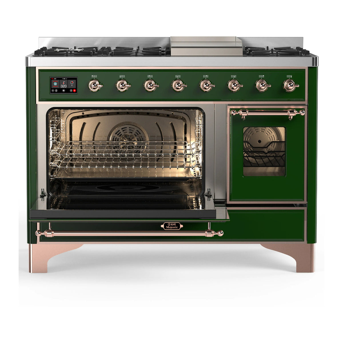 Emerald green dual fuel range with copper trim, open oven doors and interior baking racks