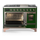 ILVE Majestic III 48-inch Dual Fuel Range with 5 Liquid Propane Burner, Griddle and Triple Glass Door Electric Oven in Emerald Green with Copper Trim (UM48FNR3EGPLP)
