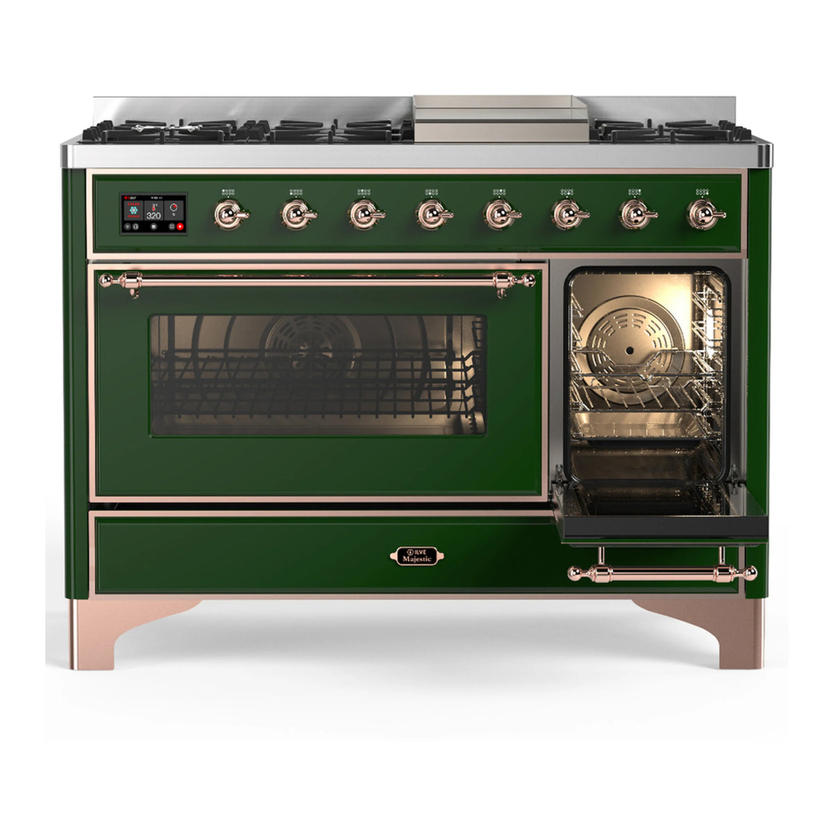 Emerald green dual fuel range with copper trim, left glass oven door and right open oven