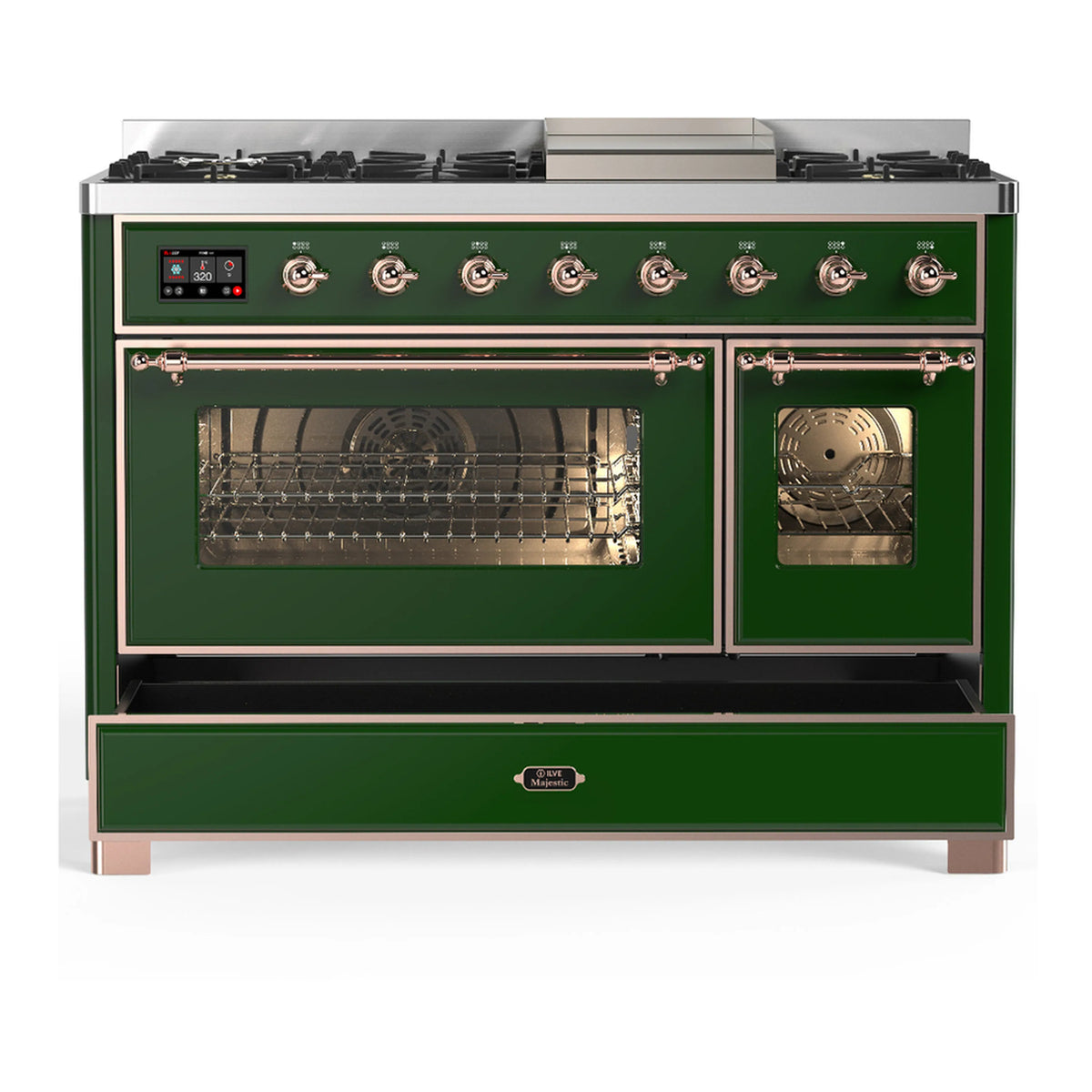 Emerald green dual fuel range with copper trim, oven doors with glass windows and lower drawer